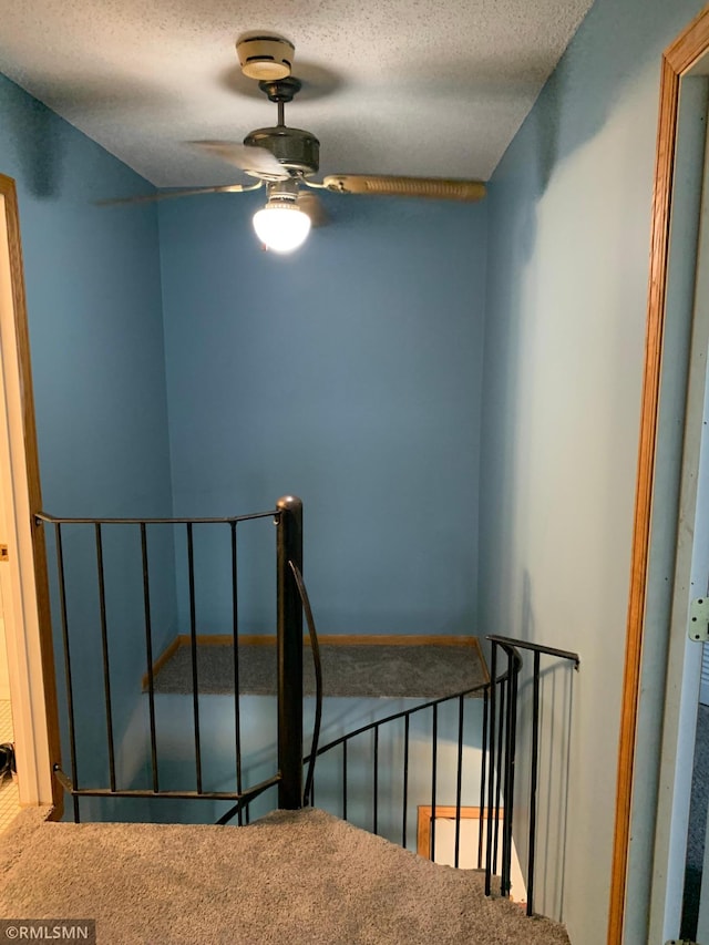 7236 72nd Ln N Unit 202, Brooklyn Park, MN 55428 - stairs featuring carpet flooring, ceiling fan, and a textured ceiling