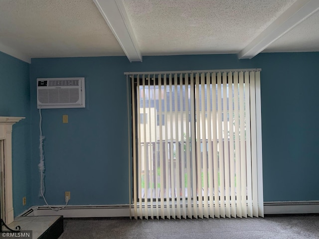 7236 72nd Ln N Unit 202, Brooklyn Park, MN 55428 - unfurnished living room featuring beam ceiling, a wall unit AC, carpet, a textured ceiling, and a baseboard heating unit