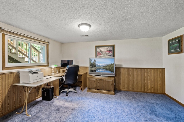 4133 88th Ave NE, Blaine, MN 55014 - office with carpet flooring, wainscoting, a textured ceiling, and wooden walls