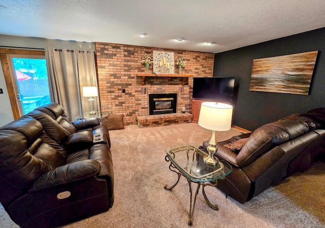 902 6th Ave SE, Pipestone, MN 56164 - carpeted living room with a textured ceiling and a brick fireplace