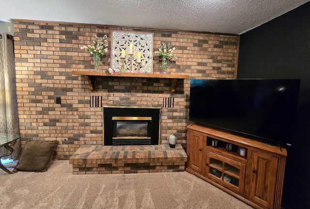 902 6th Ave SE, Pipestone, MN 56164 - unfurnished living room featuring carpet floors, a textured ceiling, and a brick fireplace