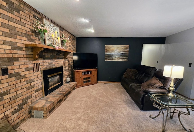 902 6th Ave SE, Pipestone, MN 56164 - carpeted living room with a fireplace and brick wall