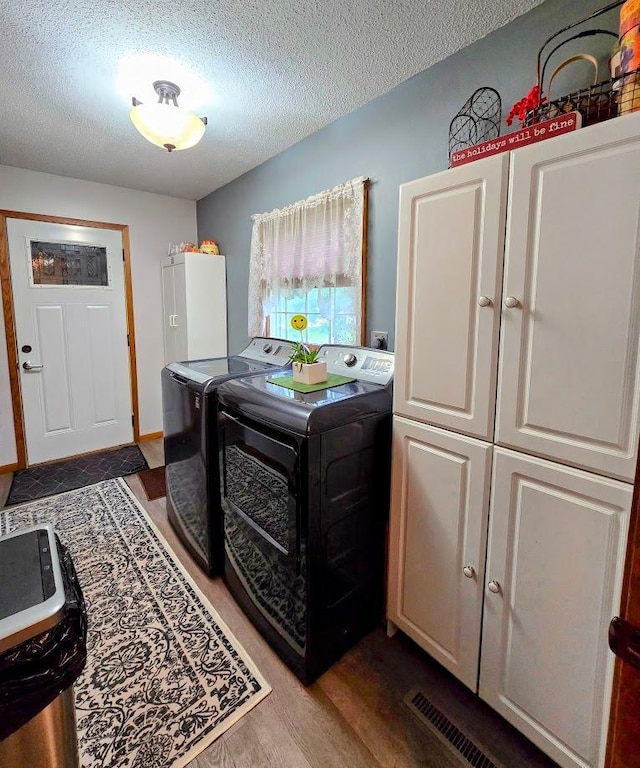 902 6th Ave SE, Pipestone, MN 56164 - laundry area with washer and dryer, cabinet space, a textured ceiling, and wood finished floors