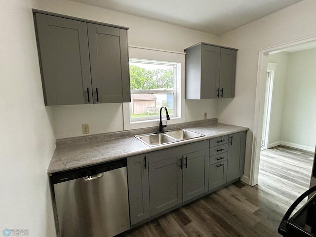 217 6th St SE, Barnesville, MN 56514 - kitchen featuring dishwasher, gray cabinets, dark wood-style floors, and light countertops
