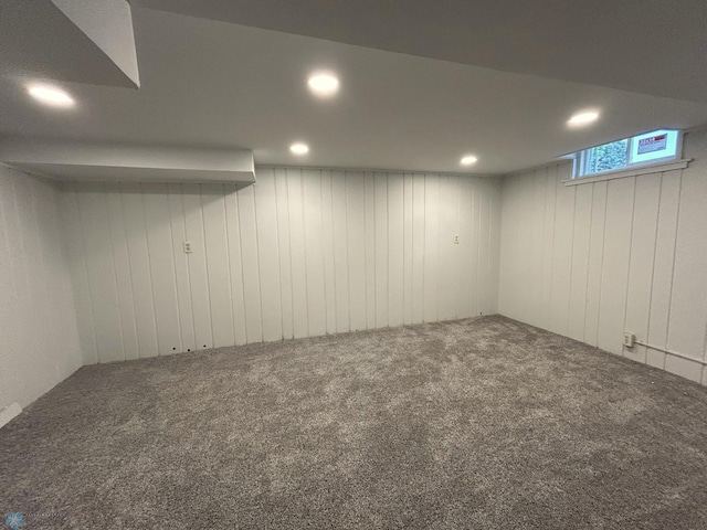 217 6th St SE, Barnesville, MN 56514 - below grade area with carpet floors, recessed lighting, and wooden walls