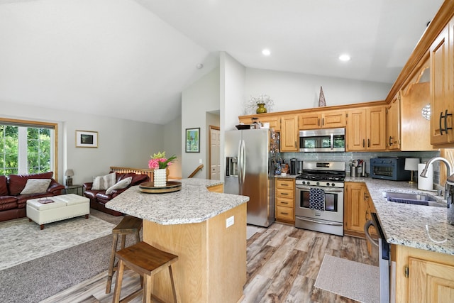 22615 Janero Ave N, Forest Lake, MN 55025 - kitchen featuring stainless steel appliances, light wood-style floors, a center island, a breakfast bar area, and high vaulted ceiling