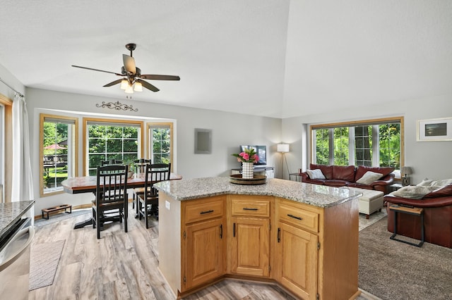 22615 Janero Ave N, Forest Lake, MN 55025 - kitchen featuring stainless steel dishwasher, ceiling fan, healthy amount of natural light, light wood-type flooring, and vaulted ceiling