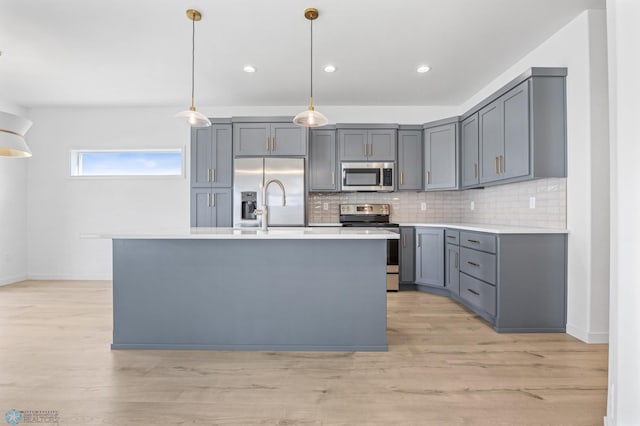 7326 28th St S, Fargo, ND 58104 - kitchen with appliances with stainless steel finishes, gray cabinets, tasteful backsplash, light countertops, and recessed lighting