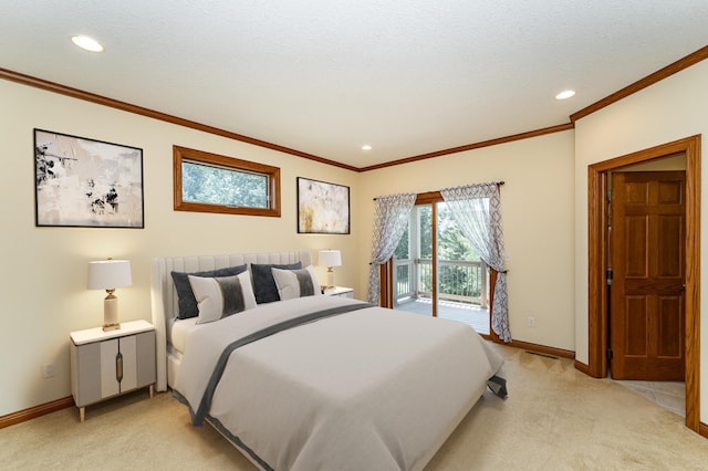 3262 Jade Ct NE, Rochester, MN 55906 - bedroom featuring ornamental molding, light carpet, access to exterior, and recessed lighting