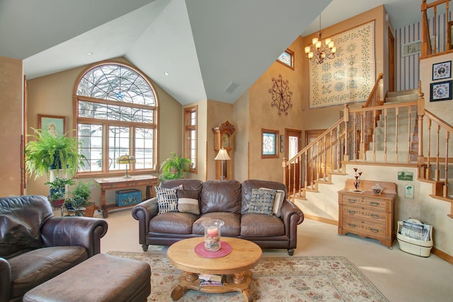 19319 380th St, Erhards Grove Twp, MN 56534 - carpeted living room featuring a chandelier, high vaulted ceiling, healthy amount of natural light, and stairway