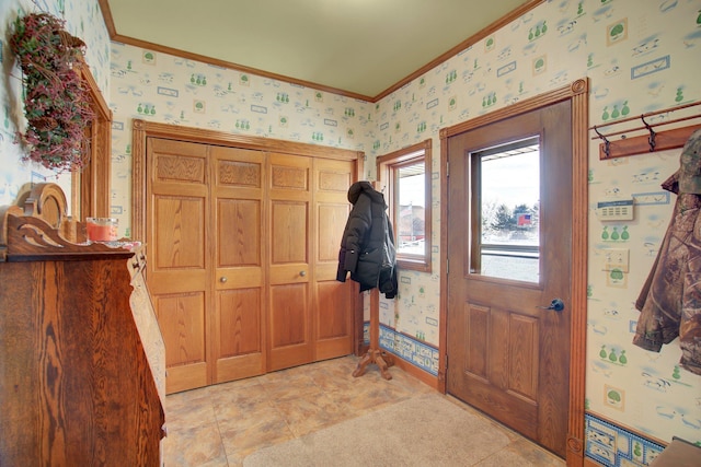 19319 380th St, Erhards Grove Twp, MN 56534 - entryway with wallpapered walls and ornamental molding