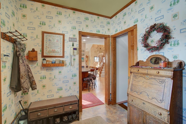 19319 380th St, Erhards Grove Twp, MN 56534 - hallway with ornamental molding, wallpapered walls, and light tile patterned floors