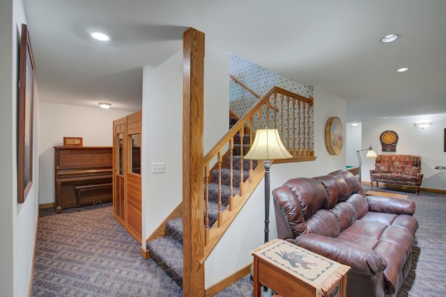 19319 380th St, Erhards Grove Twp, MN 56534 - carpeted living room with recessed lighting and wallpapered walls