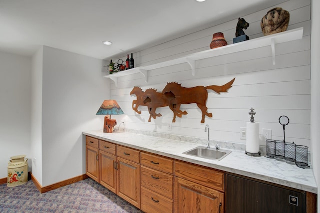 19319 380th St, Erhards Grove Twp, MN 56534 - kitchen with open shelves, carpet flooring, brown cabinets, recessed lighting, and light stone counters