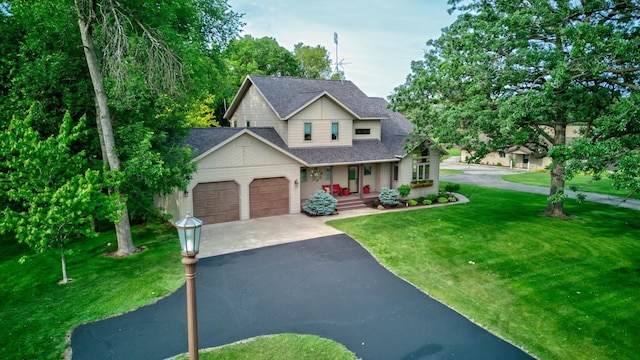 19319 380th St, Erhards Grove Twp, MN 56534 - traditional-style house featuring covered porch, asphalt driveway, a garage, a shingled roof, and a front lawn