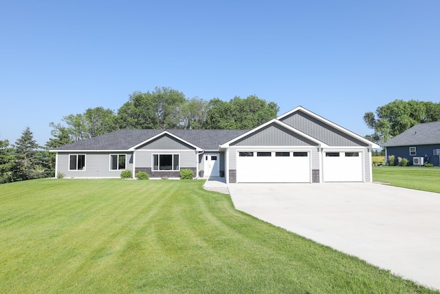 2060 Rosewood Ln SE, Alexandria, MN 56308 - ranch-style house with board and batten siding, driveway, a garage, a front lawn, and stone siding