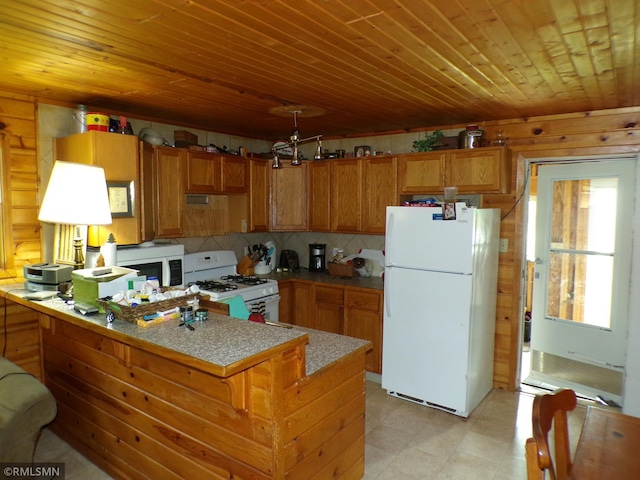 45248 State Highway 48, Clover Twp, MN 55037 - kitchen featuring white appliances, a peninsula, wooden ceiling, brown cabinets, and tasteful backsplash