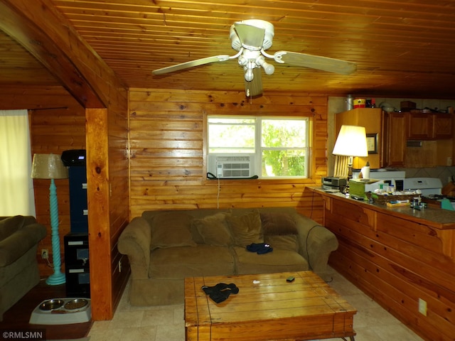 45248 State Highway 48, Clover Twp, MN 55037 - living room with a ceiling fan, wooden ceiling, wood walls, and cooling unit