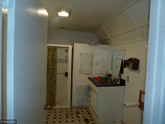 45248 State Highway 48, Clover Twp, MN 55037 - bathroom with a shower, vanity, lofted ceiling, and tile patterned floors