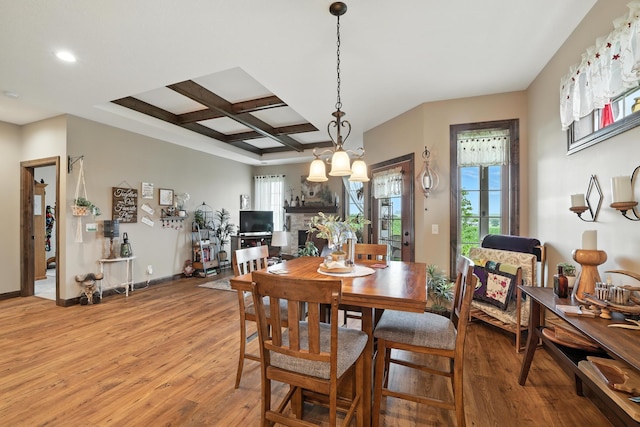 129 Highland Cir, Dassel, MN 55325 - dining room with light wood-type flooring, coffered ceiling, beamed ceiling, and recessed lighting