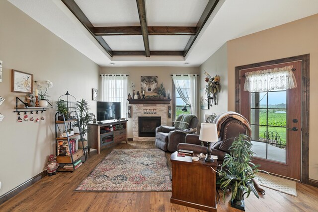129 Highland Cir, Dassel, MN 55325 - living area featuring coffered ceiling, beamed ceiling, wood finished floors, and a fireplace