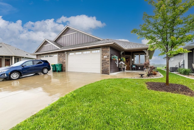 129 Highland Cir, Dassel, MN 55325 - view of front of home with board and batten siding, a front yard, an attached garage, driveway, and stone siding
