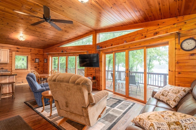 2913 125th St, Island Lake Twp, MN 56651 - living room featuring lofted ceiling, wood walls, a ceiling fan, wood ceiling, and wood finished floors