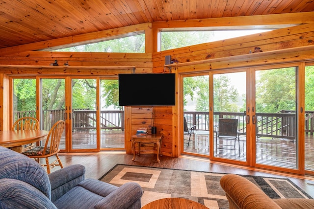 2913 125th St, Island Lake Twp, MN 56651 - living room featuring vaulted ceiling, wood-type flooring, wooden ceiling, healthy amount of natural light, and wood walls