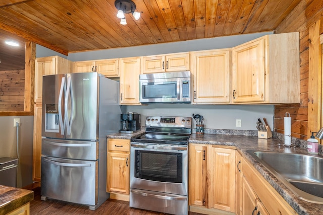 2913 125th St, Island Lake Twp, MN 56651 - kitchen with stainless steel appliances, wood ceiling, light brown cabinetry, dark countertops, and dark wood-style flooring