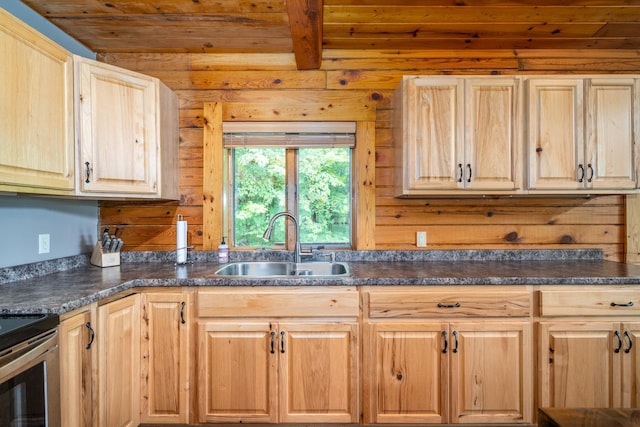 2913 125th St, Island Lake Twp, MN 56651 - kitchen with light brown cabinets, dark countertops, a wooden ceiling with exposed beams, and wood walls