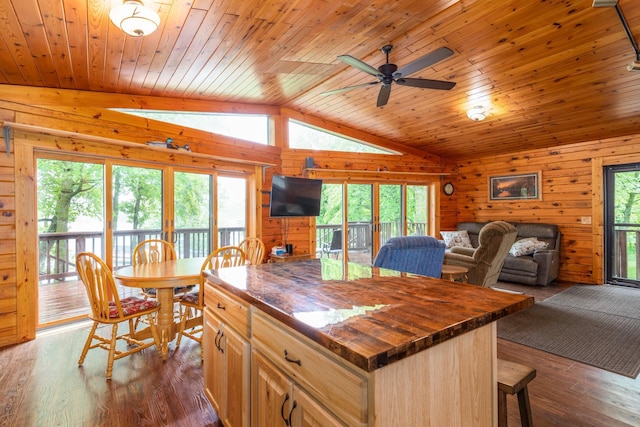 2913 125th St, Island Lake Twp, MN 56651 - kitchen featuring butcher block countertops, lofted ceiling, ceiling fan, wooden ceiling, and dark wood-style floors