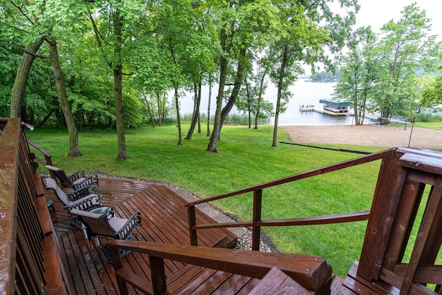 2913 125th St, Island Lake Twp, MN 56651 - wooden deck with a water view and a yard
