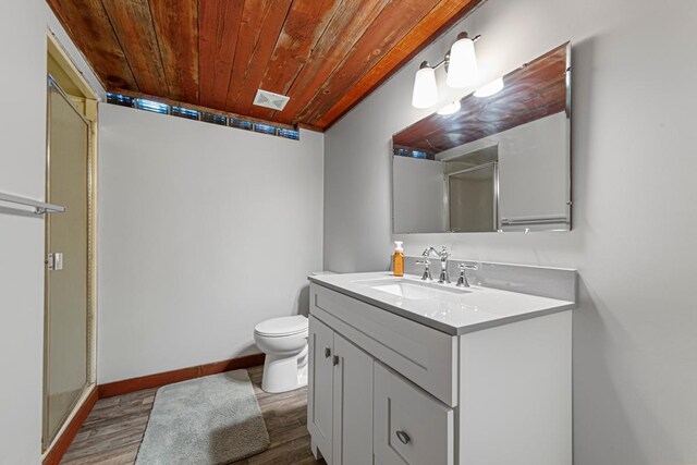 211 Viola St, Mankato, MN 56001 - bathroom featuring wooden ceiling, vanity, a shower with door, and wood finished floors