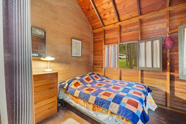 14354 Chippewa Loop, Park Rapids, MN 56470 - bedroom featuring wooden ceiling, wooden walls, lofted ceiling, and hardwood / wood-style flooring