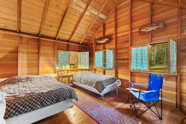 14354 Chippewa Loop, Park Rapids, MN 56470 - bedroom with wood walls, a wood ceiling with exposed beams, hardwood / wood-style floors, and high vaulted ceiling