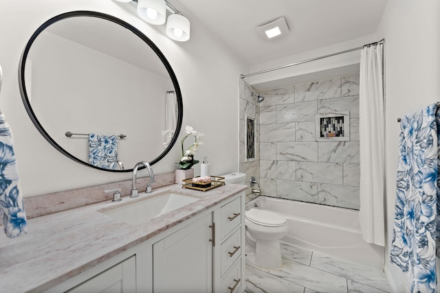 8473 Kentucky Ct N, Brooklyn Park, MN 55445 - bathroom with marble finish flooring, vanity, and shower / bath combination with curtain