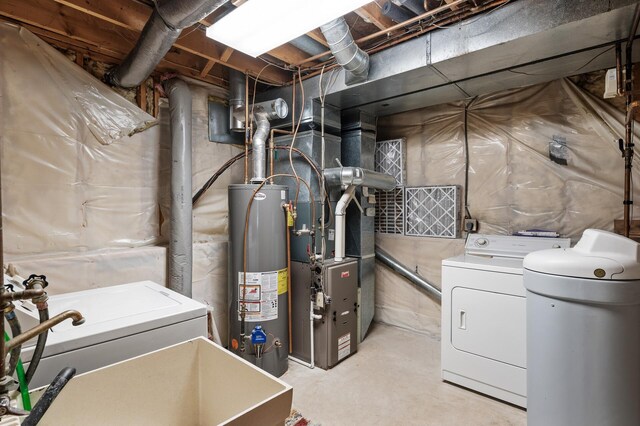 13838 Glendale Trl, Savage, MN 55378 - unfinished basement featuring water heater, separate washer and dryer, a water softener system, and heating unit