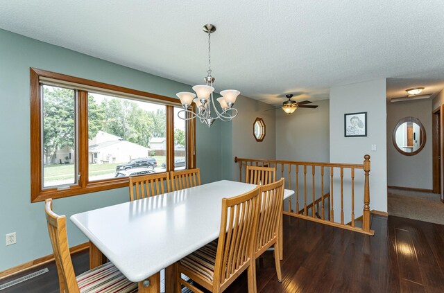 3714 8th St NW, Rochester, MN 55901 - dining room featuring wood finished floors, a chandelier, a textured ceiling, and a ceiling fan