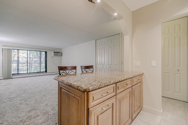 10521 Cedar Lake Rd Unit 208, Minnetonka, MN 55305 - kitchen featuring baseboard heating, light stone countertops, a wall unit AC, open floor plan, and light carpet