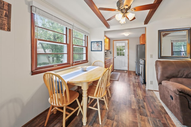 20963 Eagle Ct, Munson Twp, MN 56368 - dining space with dark wood-style floors, ceiling fan, and beam ceiling