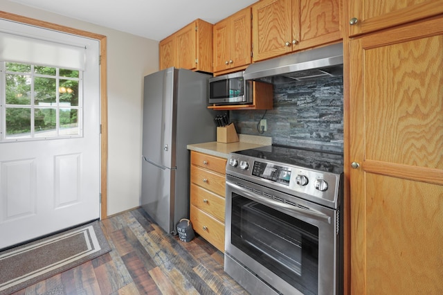 20963 Eagle Ct, Munson Twp, MN 56368 - kitchen with stainless steel appliances, under cabinet range hood, decorative backsplash, dark wood finished floors, and light countertops