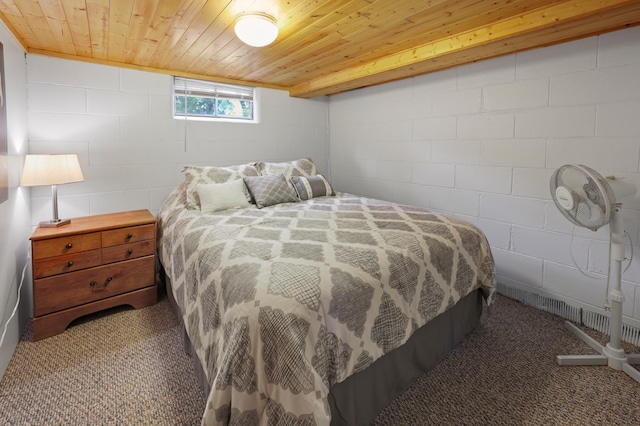 20963 Eagle Ct, Munson Twp, MN 56368 - bedroom with carpet floors, concrete block wall, and wooden ceiling