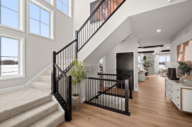 1162 Woods Creek Dr, Delano, MN 55328 - stairway featuring wood finished floors, healthy amount of natural light, a towering ceiling, and recessed lighting