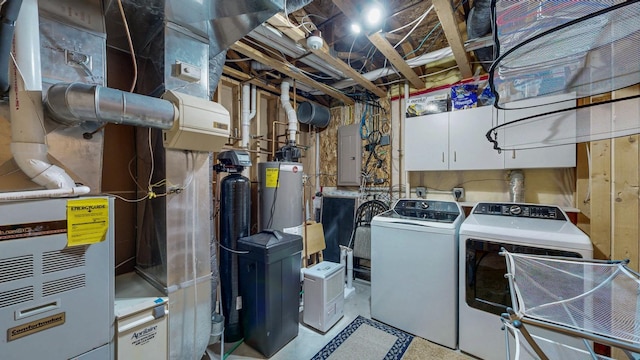 1057 John And Mary Dr SE, Chatfield, MN 55923 - laundry area featuring washing machine and dryer, cabinet space, electric panel, and heating unit