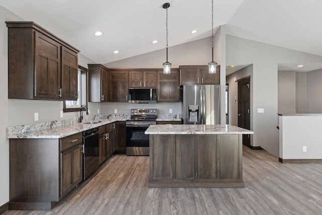 883 Grant St, Ellsworth, WI 54011 - kitchen featuring appliances with stainless steel finishes, dark brown cabinetry, lofted ceiling, light wood finished floors, and a center island