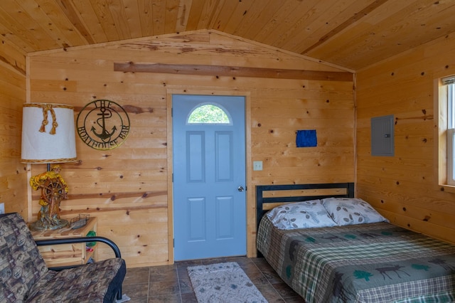 2507 Susans Is, International Falls, MN 56649 - bedroom with lofted ceiling, wood walls, wood ceiling, and electric panel