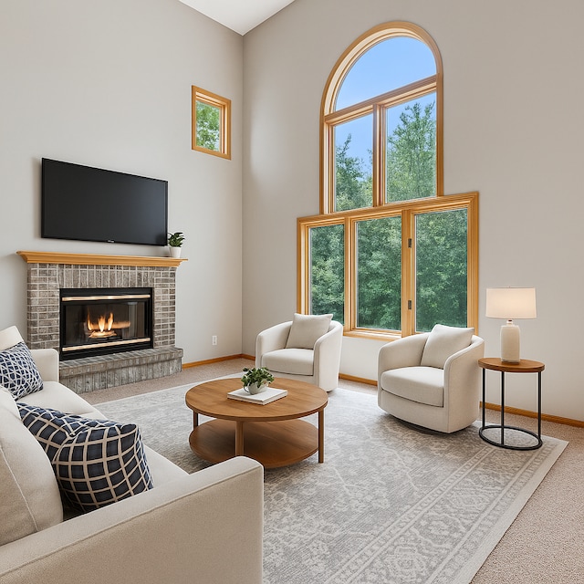 5401 River Oak Dr, Savage, MN 55378 - carpeted living room with a fireplace and a high ceiling