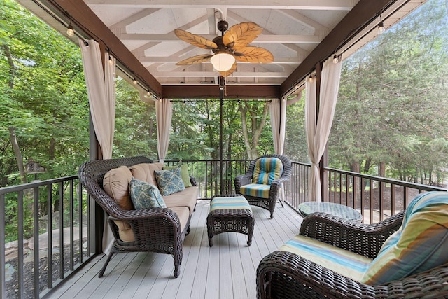 5401 River Oak Dr, Savage, MN 55378 - wooden terrace with a ceiling fan and an outdoor living space
