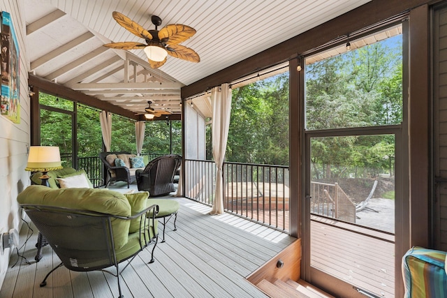 5401 River Oak Dr, Savage, MN 55378 - sunroom featuring ceiling fan, vaulted ceiling, an outdoor living space, and healthy amount of natural light
