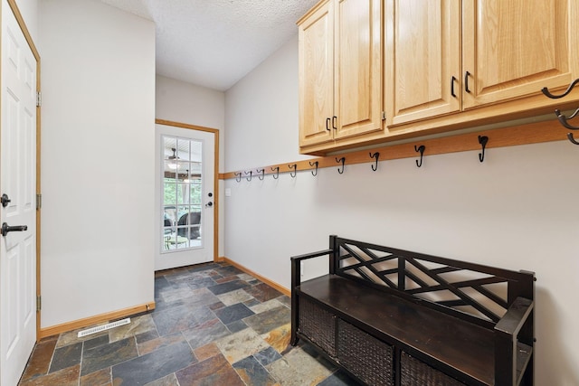5401 River Oak Dr, Savage, MN 55378 - mudroom with dark stone finish floors and a textured ceiling